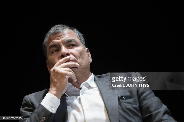 Former Ecuadorian President Rafael Correa attends to a meeting on power and checks and balance at the national theater in Brussels on October 22,...