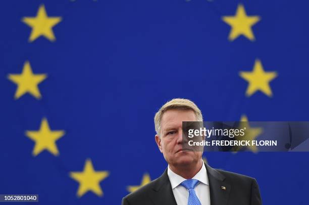 Romania's President Klaus Werner Iohannis arrives for a debate on the future of Europe at the European Parliament on October 23, 2018 in Strasbourg,...