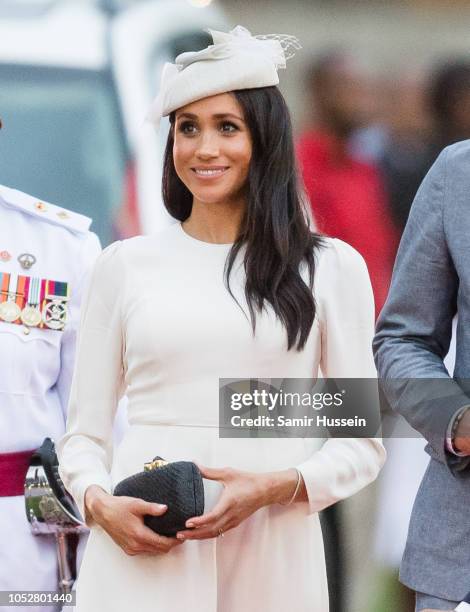 Meghan, Duchess of Sussex attends an official welcome ceremony in the city centre's Albert Park on October 23, 2018 in Suva, Fiji. The Duke and...