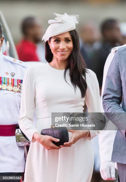 Meghan, Duchess of Sussex attends an official welcome ceremony in the city centre's Albert Park on October 23, 2018 in Suva, Fiji. The Duke and...