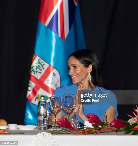 Meghan, Duchess of Sussex attends the State dinner on October 23, 2018 in Suva, Fiji. The Duke and Duchess of Sussex are on their official 16-day...