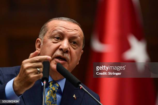 President Recep Tayyip Erdogan speaks about the murder of Saudi journalist Jamal Khashoggi during his weekly parliamentary address on October 23,...