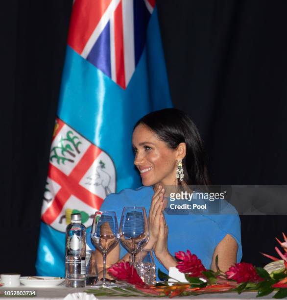Meghan, Duchess of Sussex attends a state dinner hosted by the president of the South Pacific nation Jioji Konrote at the Grand Pacific Hotel on...