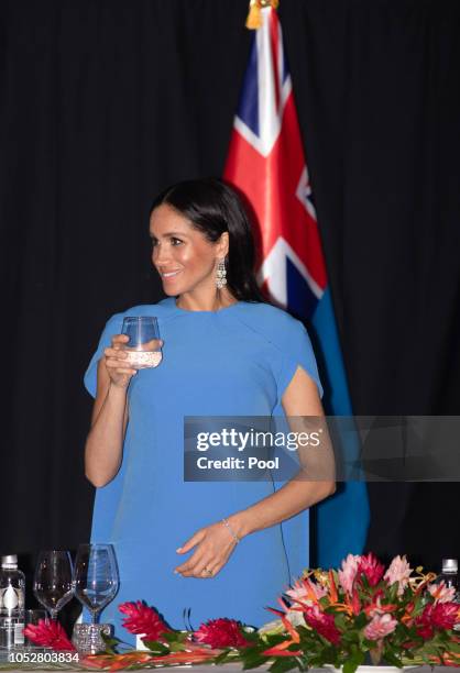 Meghan, Duchess of Sussex attends a state dinner hosted by the president of the South Pacific nation Jioji Konrote at the Grand Pacific Hotel on...