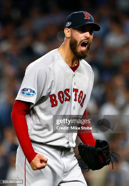 Rick Porcello of the Boston Red Sox reacts after closing out the fifth inning against the New York Yankees in Game Four of the American League...