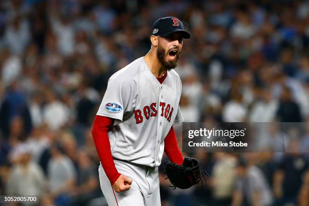 Rick Porcello of the Boston Red Sox reacts after closing out the fifth inning against the New York Yankees in Game Four of the American League...