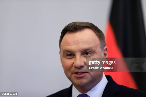 President of Poland Andrzej Duda and German President Frank Walter Steinmeier hold a joint press conference after their meeting at Bellueve Palace in...