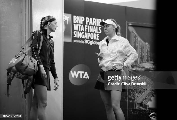 Caroline Wozniacki of Denmark reacts to walks onto the court prior to her singles match with Petra Kvitova of the Czech Republic prior to their...