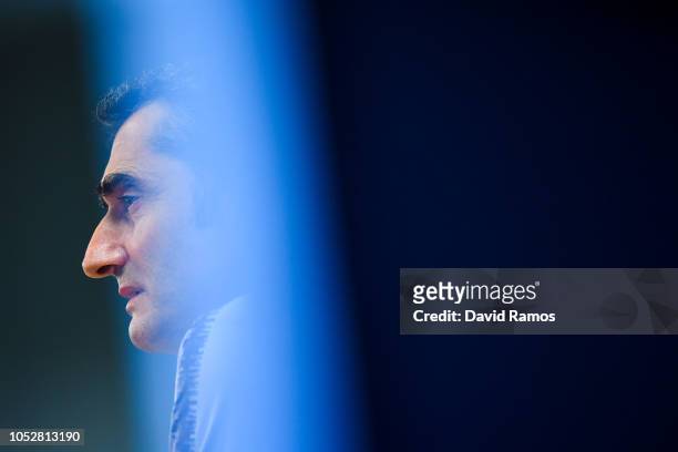 Head coach Ernesto Valverde of FC Barcelona faces the media during a press conference ahead of the UEFA Champions League Group B match between FC...