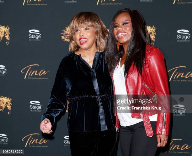 Tina Turner and Kristina Love during a photo call for the musical 'Tina - Das Tina Turner Musical' at Mojo Club on October 23, 2018 in Hamburg,...