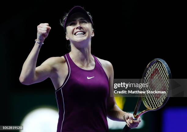 Elina Svitolina of the Ukraine celebrates match point in her singles match against Karolina Pliskova of the Czech Republic during day 3 of the BNP...