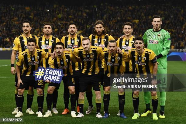 Athens' players pose before the UEFA Champions League football match between AEK Athens FC and FC Bayern Munchen at the OACA Spyros Louis stadium in...