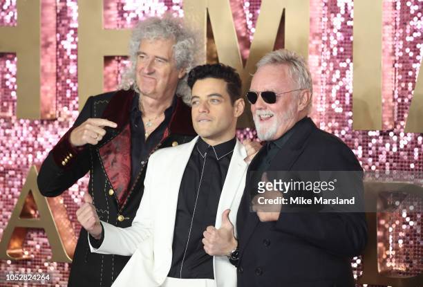 Brian May, Rami Malek and Roger Taylor attend the World Premiere of 'Bohemian Rhapsody' at The SSE Arena, Wembley on October 23, 2018 in London,...