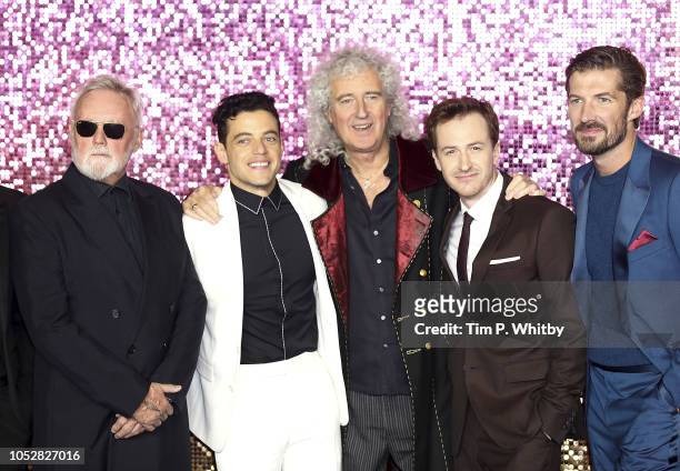 Roger Taylor, Rami Malek, Brian May, Joe Mazzello and Gwilym Lee attend the World Premiere of 'Bohemian Rhapsody' at The SSE Arena, Wembley on...