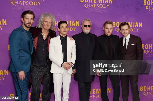 Gwilym Lee, Brian May, Rami Malek, Roger Taylor, Ben Hardy and Joe Mazzello attend the World Premiere of "Bohemian Rhapsody" at The SSE Arena,...