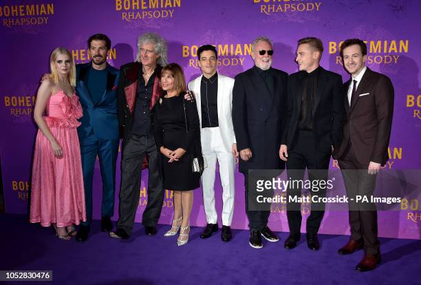 Left to right, Lucy Boynton, Gwilym Lee, Brian May, Kashmira Cooke, Rami Malek, Roger Taylor, Ben Hardy and Joseph Mazzello attending the Bohemian...