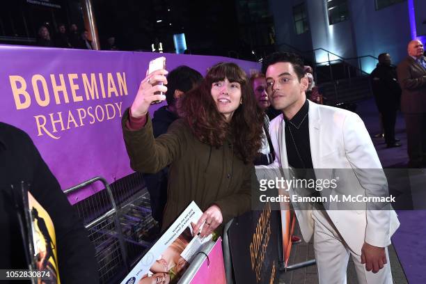Rami Malek with fans at the World Premiere of 'Bohemian Rhapsody' at SSE Arena Wembley on October 23, 2018 in London, England.