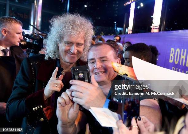 Brian May with fans at the World Premiere of 'Bohemian Rhapsody' at SSE Arena Wembley on October 23, 2018 in London, England.