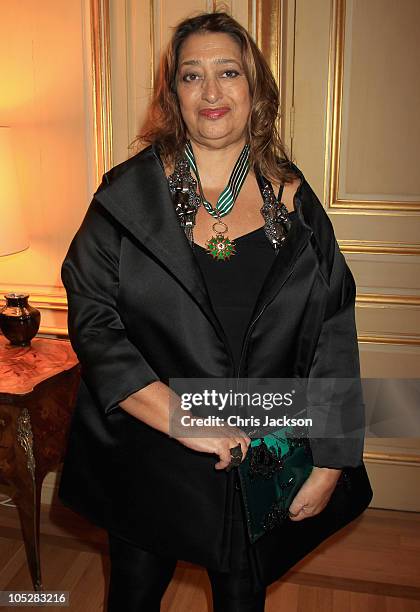 Architect Zaha Hadid poses for a photograph after being made Commandeur dans l�Ordre des Arts & des Lettres at the French Ambassador�s Residence on...