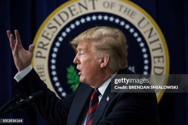 President Donald Trump speaks to people from Hawaii, Alaska, and California during an event in the Eisenhower Executive Office Building on the White...