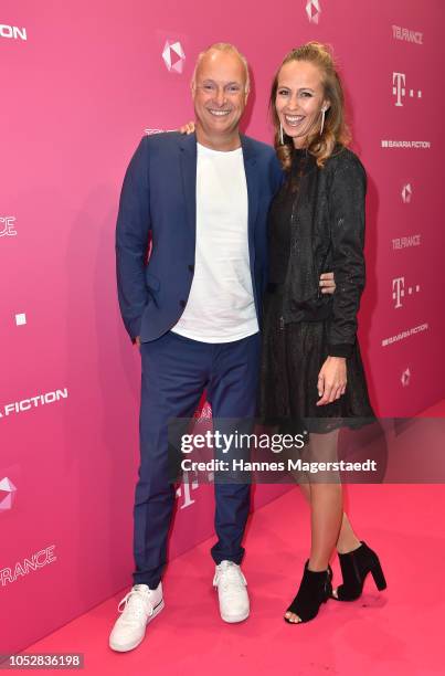 Frank Buschmann and his girlfriend Lisa Heckl attend the Deutsch-Les-Landes premiere at Haus der Kunst on October 23, 2018 in Munich, Germany.