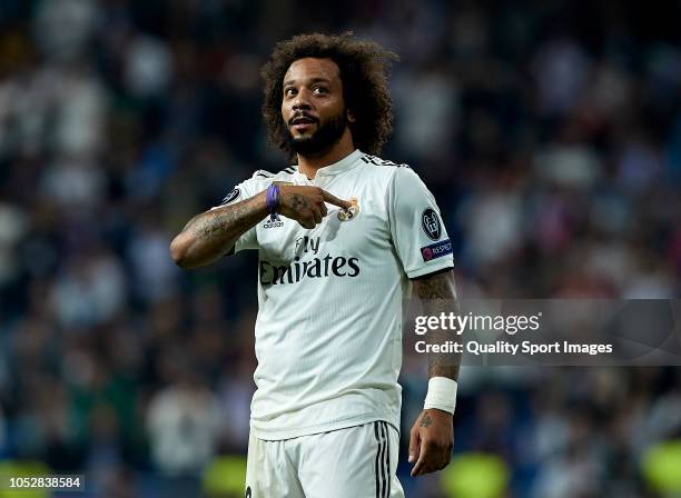 Marcelo of Real Madrid celebrates after scoring his side's second goal during the Group G match of the UEFA Champions League between Real Madrid and...