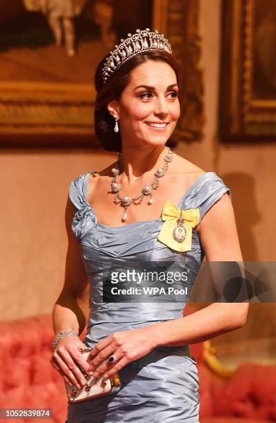 Catherine, Duchess of Cambridge during a State Banquet at Buckingham Palace on October 23, 2018 in London, United Kingdom. King Willem-Alexander of...