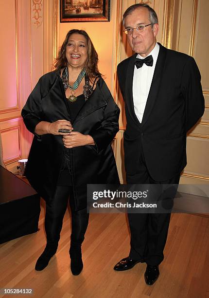 Architect Zaha Hadid and HE Mr Maurice Gourdault-Montagne poses for a photograph he made her a Commandeur dans l�Ordre des Arts & des Lettres at the...