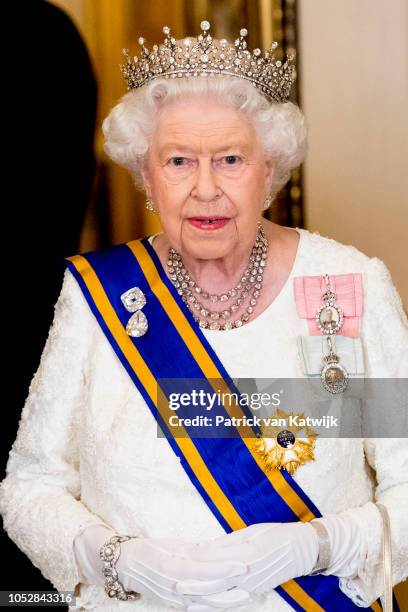 Queen Elizabeth II during the state banquet in Buckingham palace on October 23, 2018 in London, United Kingdom. King Willem-Alexander of the...