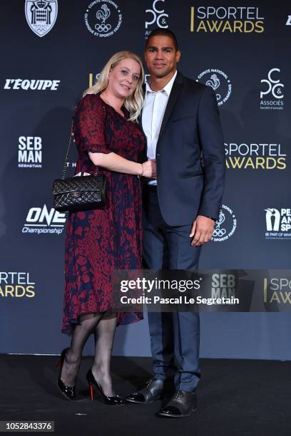 Handball player Daniel Narcisse and wife Emmanuelle attend the Sportel Monaco award ceremony on October 23, 2018 in Monaco, Monaco.