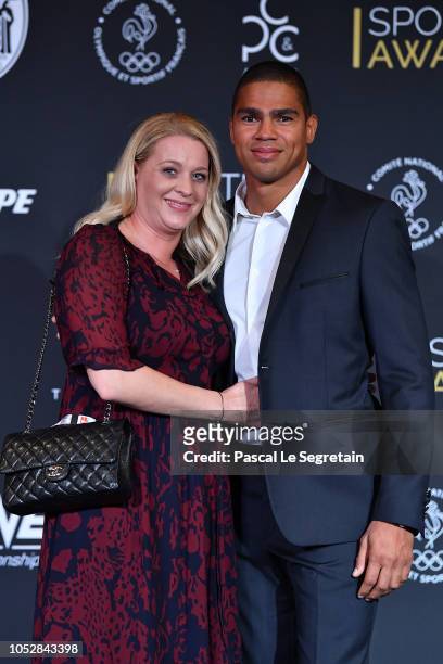 Handball player Daniel Narcisse and wife Emmanuelle attend the Sportel Monaco award ceremony on October 23, 2018 in Monaco, Monaco.