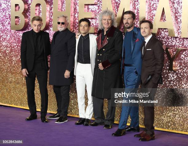 Ben Hardy, Roger Taylor, Rami Malek, Brian May, Gwilym Lee and Joseph Mazzello attend the World Premiere of 'Bohemian Rhapsody' at The SSE Arena,...