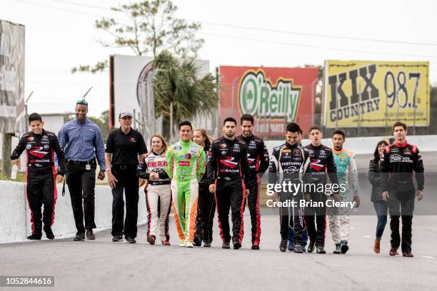 Participants are taken for a guided track walk, NASCAR Drive for Diversity Combine at New Smyrna Speedway on October 23, 2018 in New Smyrna Beach,...