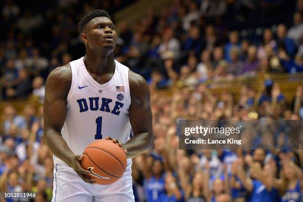 Zion Williamson of the Duke Blue Devils concentrates at the free throw line against the Virginia Union Panthers at Cameron Indoor Stadium on October...