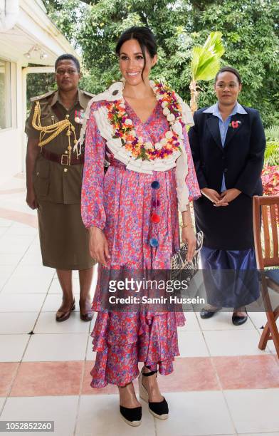 Meghan, Duchess of Sussex attends a morning tea reception at the British High Commissioners Residence on October 24, 2018 in Suva, Fiji. The Duke...