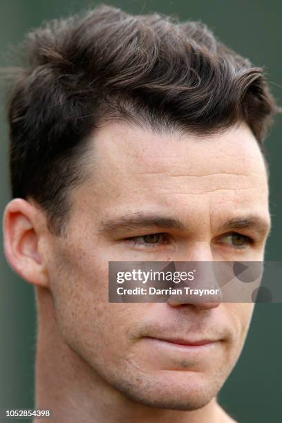 Peter Handscomb of Victoria speaks to the media before a training session at the Melbourne Cricket Ground on October 24, 2018 in Melbourne, Australia.