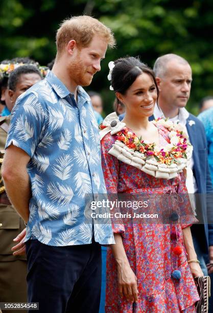 Prince Harry, Duke of Sussex and Meghan, Duchess of Sussex attend University of the South Pacific on October 24, 2018 in Suva, Fiji. The Duke and...