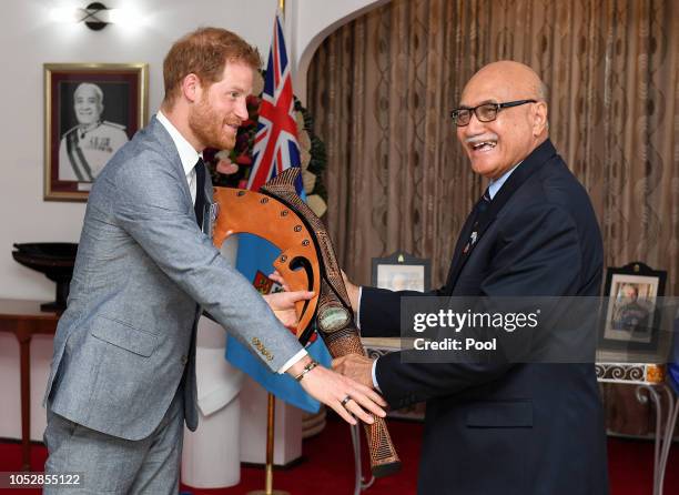 Prince Harry, Duke of Sussex meeSt with President of Fiji Jioji Konrote on the first day of their tour to Fiji on October 23, 2018 in Suva, Fiji. The...