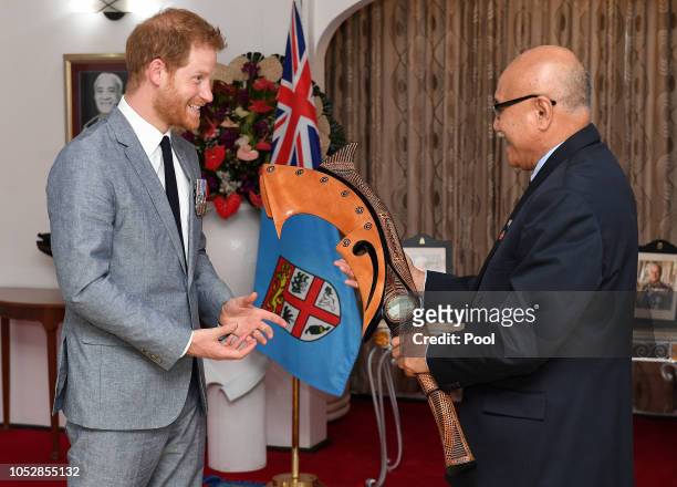 Prince Harry, Duke of Sussex meeSt with President of Fiji Jioji Konrote on the first day of their tour to Fiji on October 23, 2018 in Suva, Fiji. The...