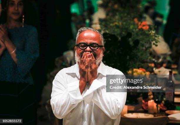 Designer Ronaldo Fraga walks the runway during the Ronaldo Fraga fashion show during Sao Paulo Fashion Week N46 Winter 2019 at Arca on October 23,...