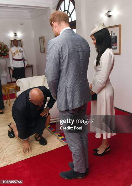 Meghan, Duchess of Sussex, Prince Harry, Duke of Sussex meet with President of Fiji Jioji Konrote on the first day of their tour to Fiji on October...