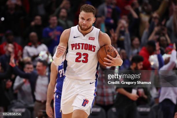 Blake Griffin of the Detroit Pistons celebrates a 133-132 overtime win over the Philadelphia 76ers at Little Caesars Arena on October 23, 2018 in...