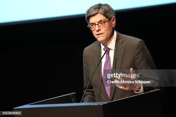 Honoree Jacob Lew speaks on stage during the Queens Community House's 2018 Strengthening Neighborhoods Inspiring Change Gala at Museum of Moving...
