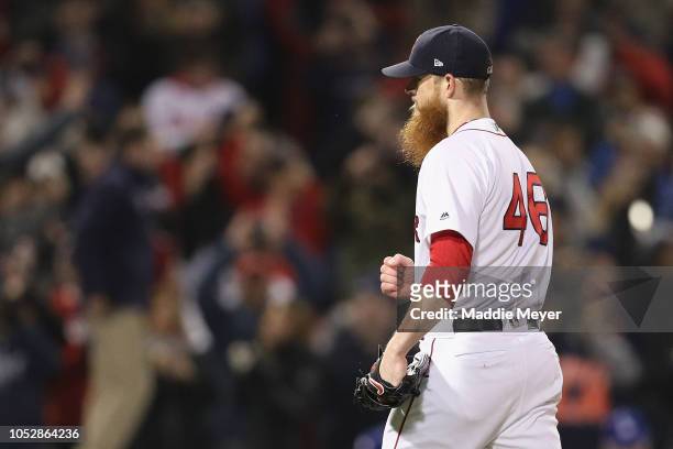 Craig Kimbrel of the Boston Red Sox celebrates his teams 8-4 win over the Los Angeles Dodgers in Game One of the 2018 World Series at Fenway Park on...