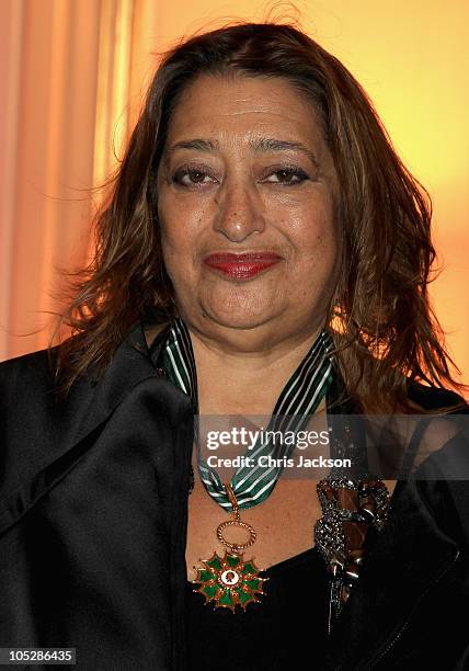 Architect Zaha Hadid poses for a photograph after being made Commandeur dans l�Ordre des Arts & des Lettres at the French Ambassador�s Residence on...