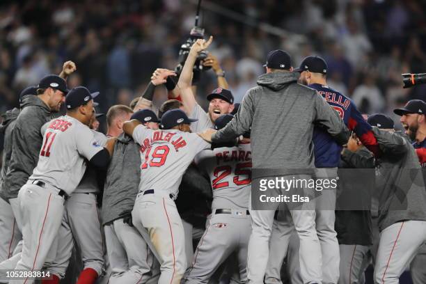 Craig Kimbrel and the Boston Red Sox celebrates after beating the New York Yankees to win Game Four American League Division Series at Yankee Stadium...