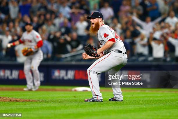 Craig Kimbrel of the Boston Red Sox celebrates after defeating the New York Yankees in Game Four to win the American League Division Series at Yankee...