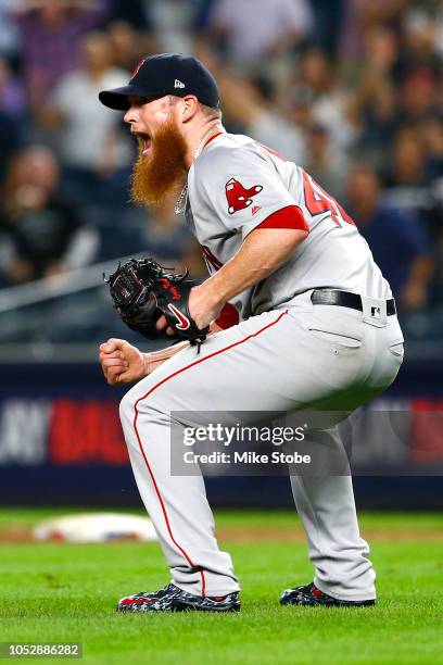 Craig Kimbrel of the Boston Red Sox celebrates after defeating the New York Yankees in Game Four to win the American League Division Series at Yankee...