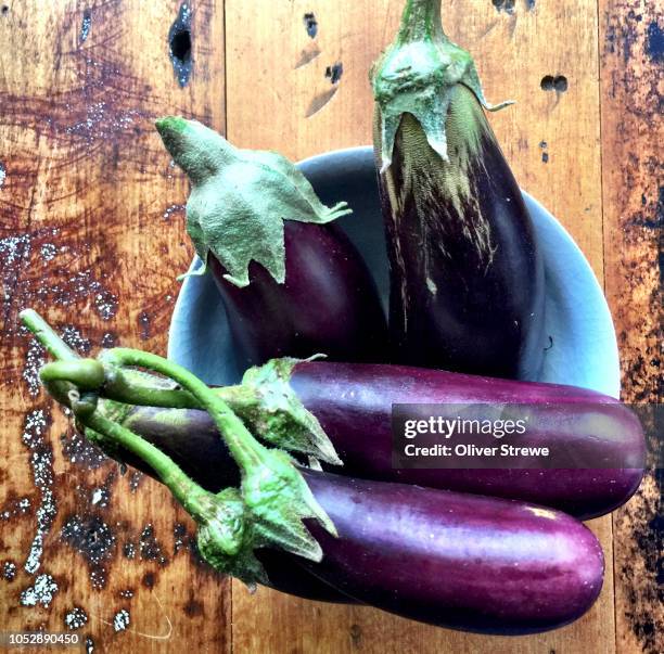 bowl of aubergines - aubergine stock pictures, royalty-free photos & images