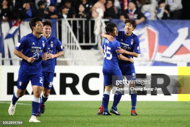 Jo Sung-Jin of Suwon Samsung Bluewings celebrates after scoring a second goal during the AFC Champions League semi final second leg match between...